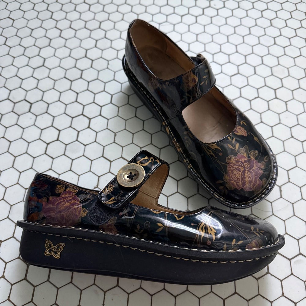 Alegria Paloma Mary Jane Black Floral Patent Leather Shoes Rocker Sole Sz 40